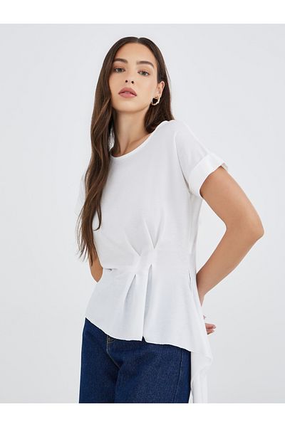 Styli Solid Side Pleated Detail Regular Fit T-Shirt