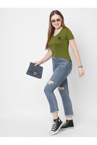 Mish By Styli Women Olive Embroidered Bird Detail Short Sleeve T-Shirt
