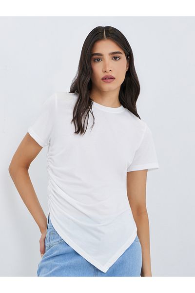 Styli Asymmetric Hem T-Shirt with Side Gathered Detail