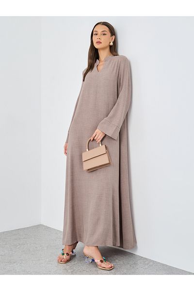 Styli Women Brown Linen Look Collared Jalabiya