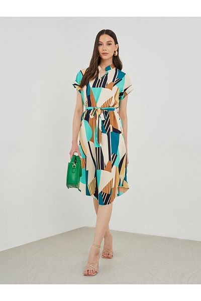 Styli Graphic Print Short Sleeve Belted Knee Length Dress