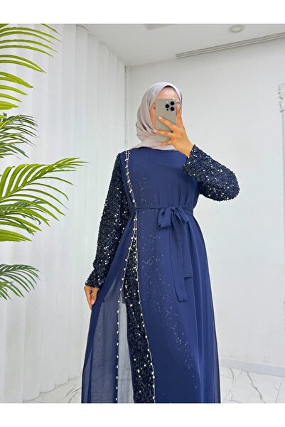 Modamorfo Chiffon Evening Dress with Sequin Belt on Sleeves -Laci