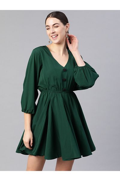 Kassually By Styli Women Green Solid V Neck Fit and Flare Mini Dress