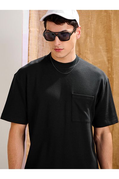 Mascln Sassafras By Styli Men Black Waffle Textured Pocket Detail Oversized T-Shirt and Shorts Co-Ords