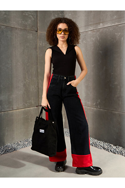 Sassafras By Styli Black Washed Side Color Block Wide Leg Jeans