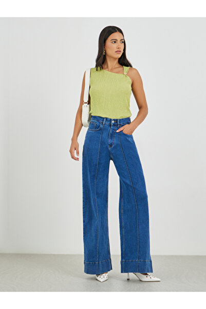 Styli Solid Wide Leg Jeans with Pintuck Detail