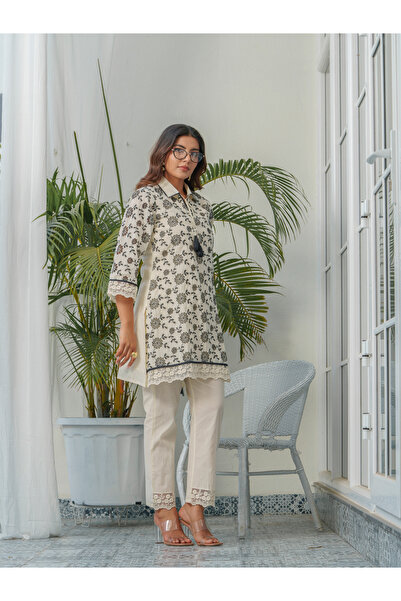 DW By Styli Floral Embroidered Shirt Collar Pure Cotton Tunic and Trousers Co-Ords