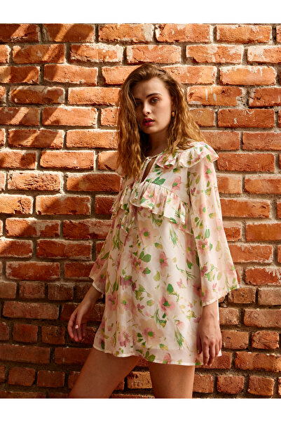 Sassafras By Styli White All-Over Floral Print Ruffle Trim A-Line Mini Dress