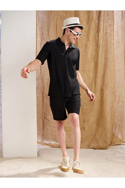 Mascln Sassafras By Styli Men Black Textured Relaxed Fit Polo T-Shirt and Shorts Co-Ords