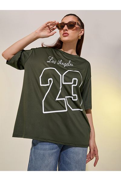 Styli Women Khaki Graphic Printed Short Sleeve Oversized T-Shirt