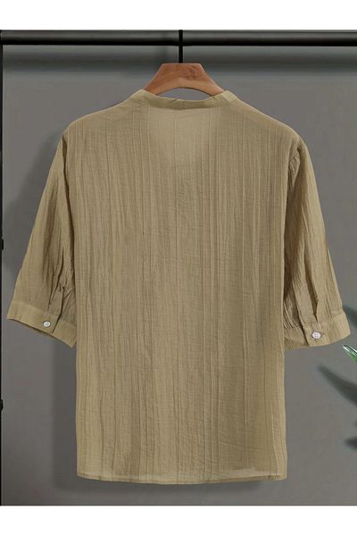 Styli Men Beige Textured Drawstring Front T-Shirt