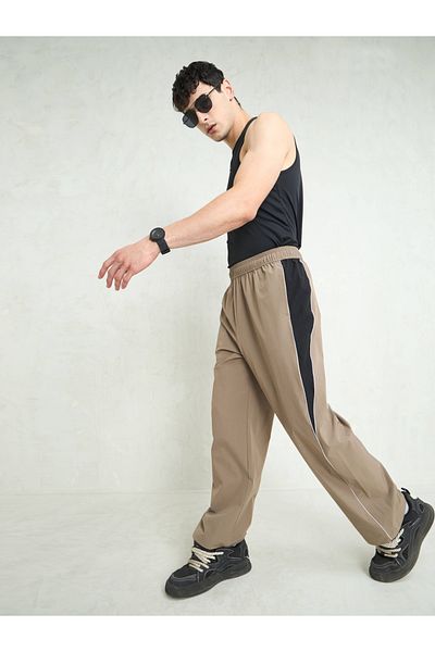 Mascln Sassafras By Styli Men Beige Color Block Side Seam Parachute Pants