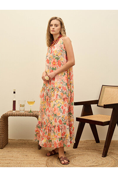 Sassafras By Styli Beige All-Over Floral Print Strappy A-Line Maxi Dress