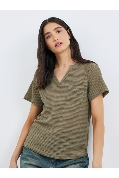 Styli Green Textured V Neck T-Shirt with Patch Pocket