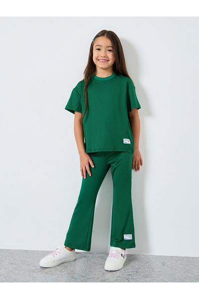 Styli Girls Dark Green Slogan T-Shirt and Legging Set