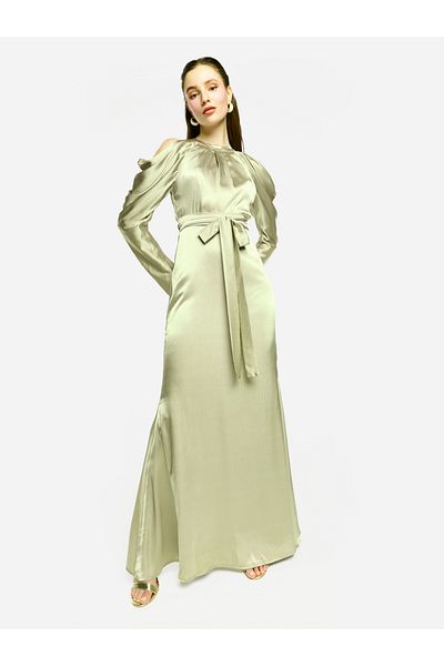 House of Moda By Styli Pleated Neckline Cold Shoulder Tie-Up Waist Maxi Dress