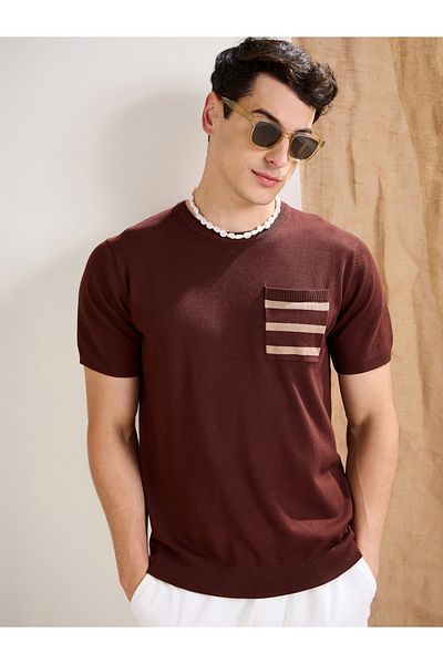 Mascln Sassafras By Styli Brown Premium Knit Contrast Pocket T-Shirt