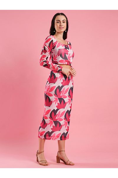 Globus By Styli Floral Print Mesh Crop Top and Pencil Skirt Co-Ords