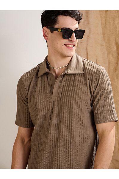 Mascln Sassafras By Styli Beige Textured Relaxed Fit Polo Neck T-Shirt