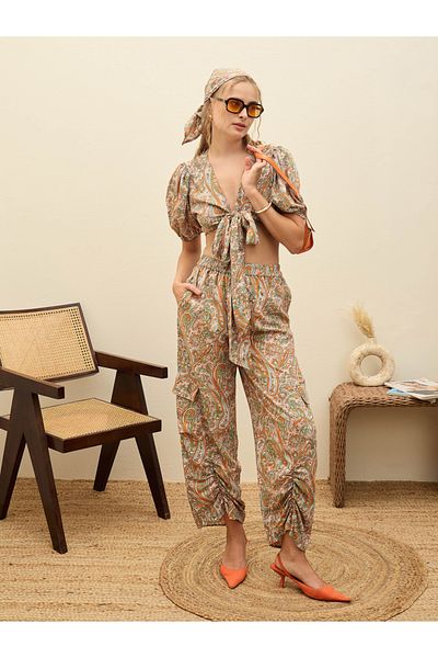 Sassafras By Styli Paisley Print Tie-Front Crop Top and Trousers Co-Ords