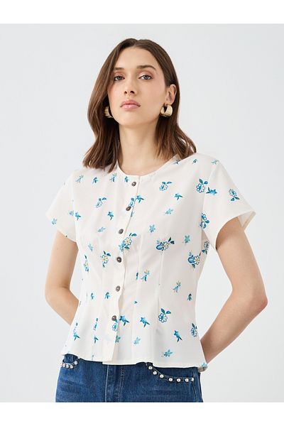 Styli Floral Print Buttoned Short Sleeve Blouse