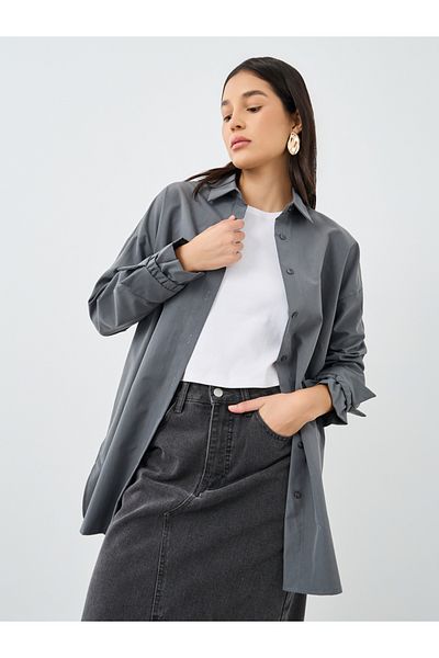 Styli Women Grey Tie Cuff Longline Shirt