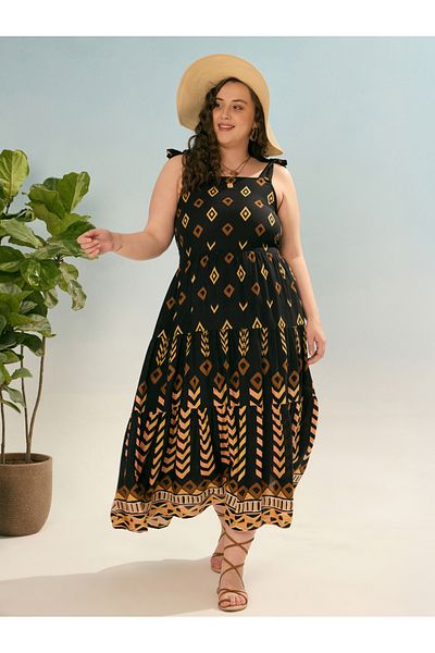 Sassafras By Styli Plus Black Geometric Tie Up Tiered Maxi Dress