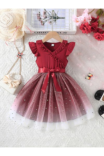 Styli Burgundy Bow Detail Embellished Mesh Dress