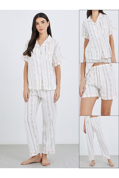 Styli Pack of 3 - Floral Print Cotton Shirt, Pants and Shorts