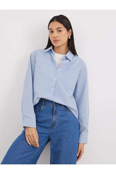 Styli Women Blue Striped High-Low Hem Shirt