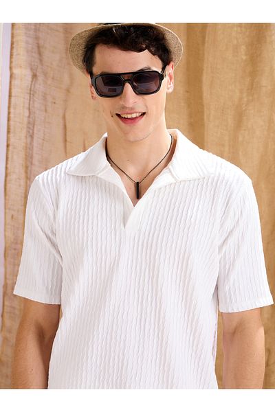 Mascln Sassafras By Styli White Textured Relaxed Fit Polo Neck T-Shirt