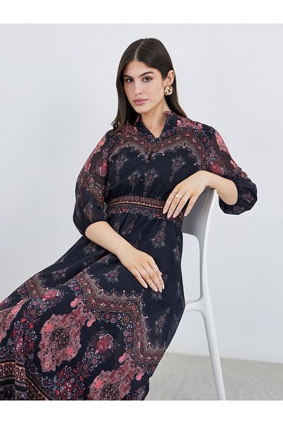 Styli Floral Print Cuffed Sleeves A-Line Maxi Dress
