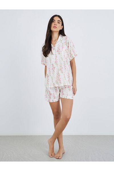 Styli Pack of 3 - Floral Print Cotton Shirt, Shorts and Pyjama Set