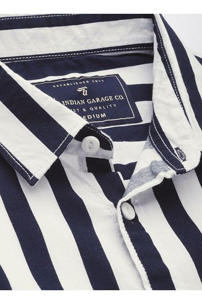 The Indian Garage Co By Styli Men Navy Blue Slim Fit Striped Casual Shirt