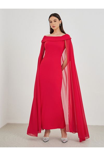 Styli Solid Off Shoulder Neck Cape Sleeve Bodycon Maxi Dress