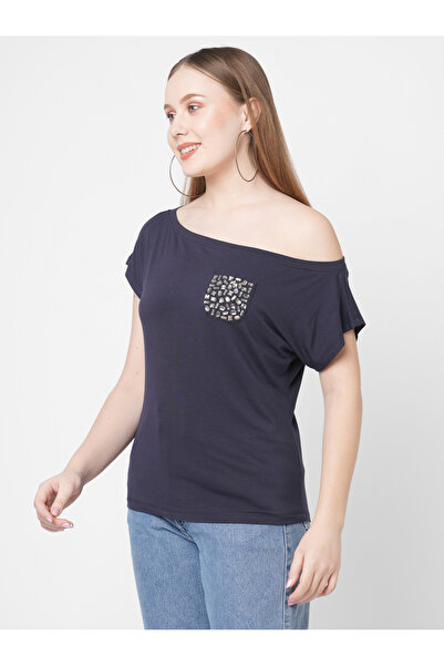 Mish By Styli Women Navy Blue Embellished Detail One Side Off-Shoulder T-Shirt