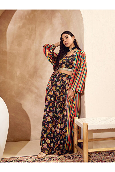 Sassafras By Styli Black Floral Crop Top with Anarkali Skirt and Shrug Co-Ords