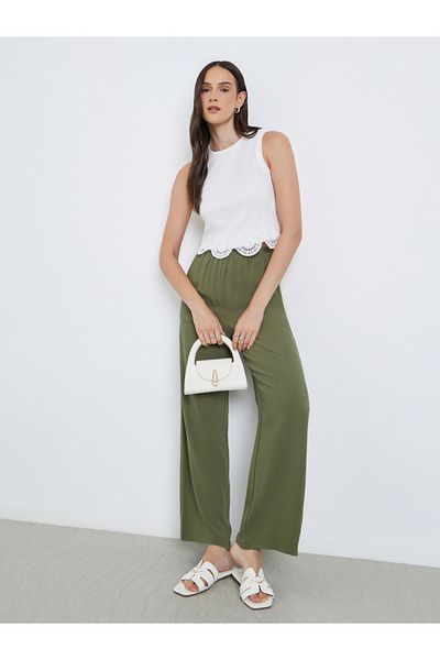 Styli Khaki Linen Look Pants with Elastic Waist