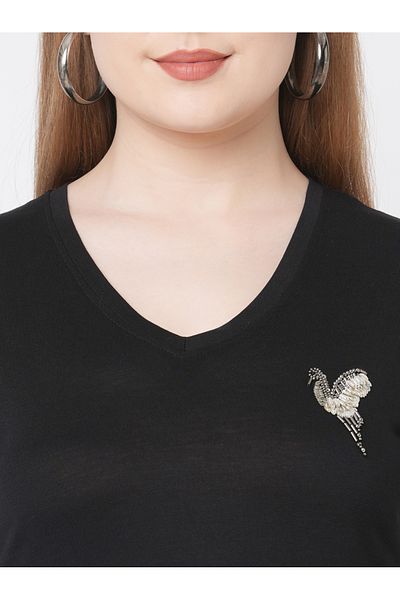 Mish By Styli Women Black Embroidered Bird Detail Short Sleeve T-Shirt