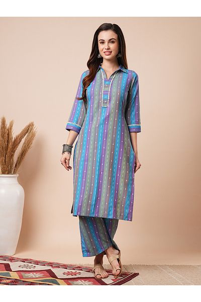 Globus By Styli Striped Shirt Collar Straight Kurta with Elasticated Pants Co-Ords