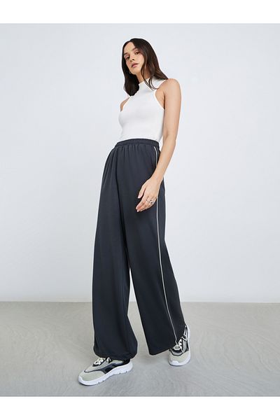 Styli Women Charcoal Wide Leg Joggers with Contrast Piping Detail