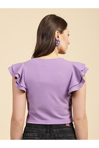 Freehand By Styli Women Purple Fitted Crop Top with Ruffle Sleeve
