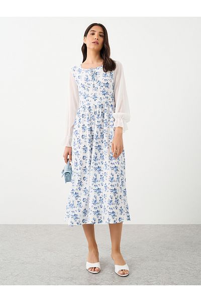 Styli Contrast Mesh Sleeve Floral Printed Midi Dress