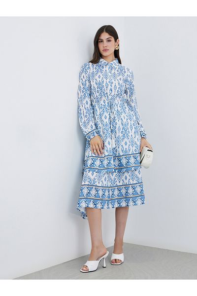 Styli Printed Long Sleeves Collared Tiered Midi Dress