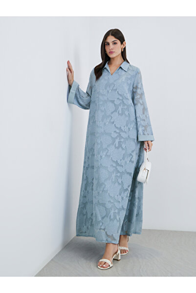 Styli Women Blue Jacquard Jalabiya with Collar and Placket Detail