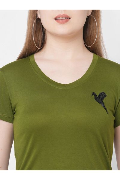 Mish By Styli Women Olive Embroidered Bird Detail Short Sleeve T-Shirt