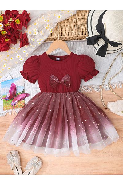 Styli Mesh Insert Embellished Dress with Bow Detail