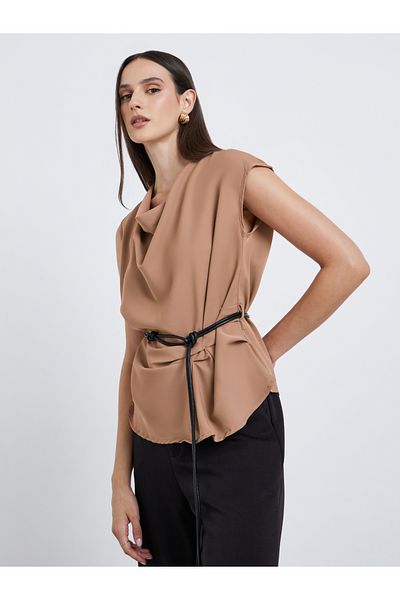 Styli Draped Details Sleeveless Blouse with Tie up Belt