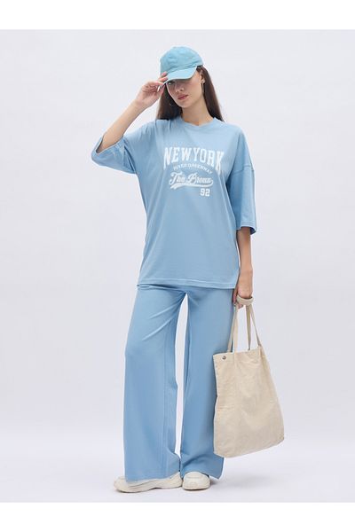 Styli Blue NY Print Oversized T-Shirt and Wide Leg Joggers Co-Ords