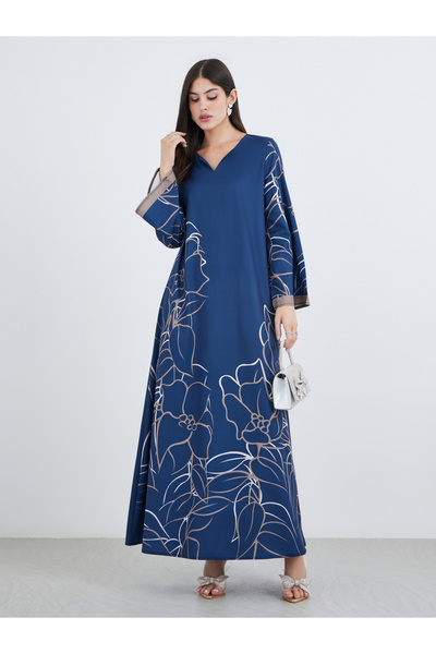 Styli جلابية نسائية زرقاء داكنة بطبعة زهور مع أكمام بلون مغاير